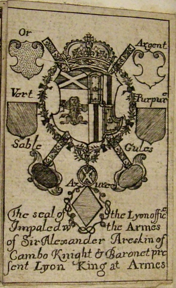 Card showing arms of Sir Alexander Erskine of Cambo, 2nd Baronet