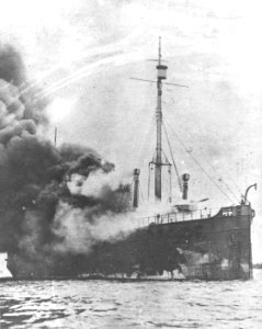 Cargo ship USS Ophir (ID 2800) burning at Gibraltar in November 1918