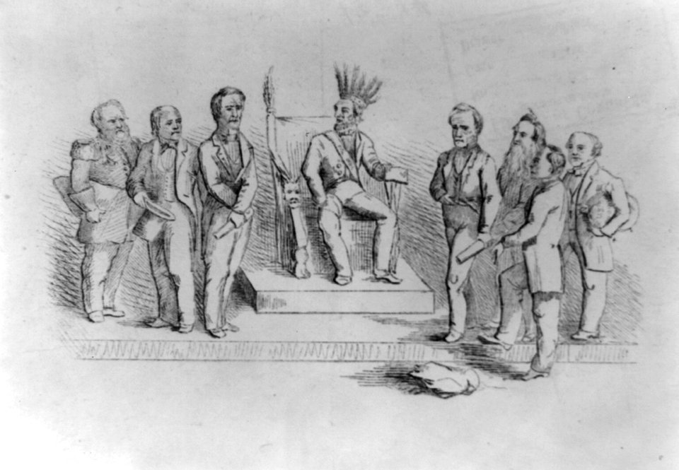Caricature of Abraham Lincoln wearing Native American headdress, seated on throne, with seven cabinet officers LCCN96514907