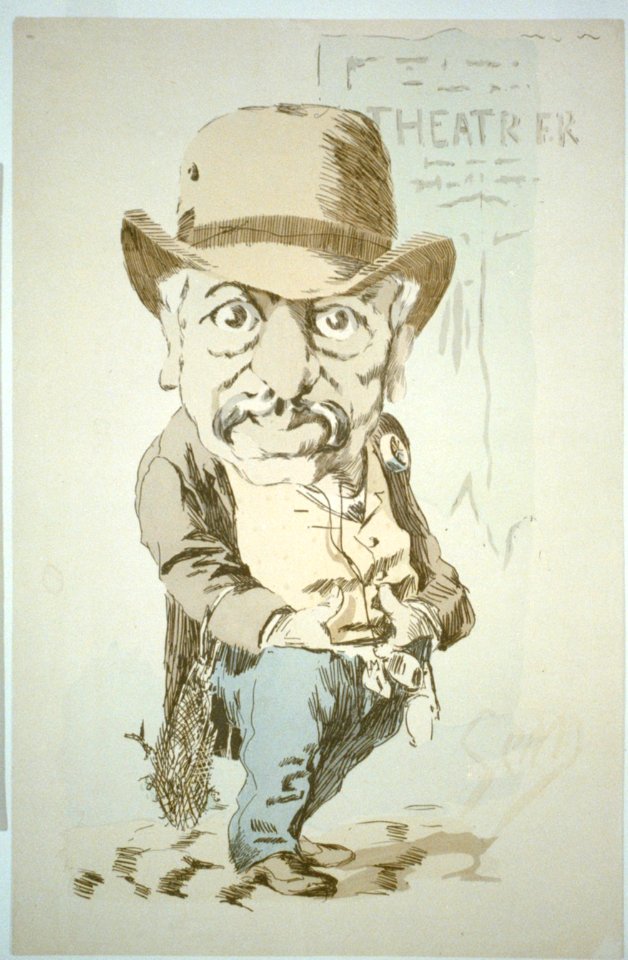 Caricature of man with hands tucked in his pants standing outside theatrer (sic) LCCN2002719183