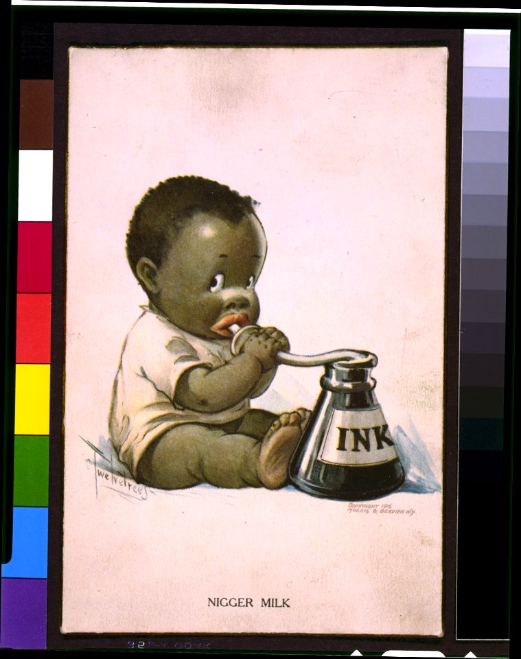 Caricature of an African American child drinking ink; image caption reads Nigger milk LCCN95518135