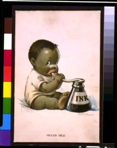 Caricature of an African American child drinking ink; image caption reads Nigger milk LCCN95518135 photo