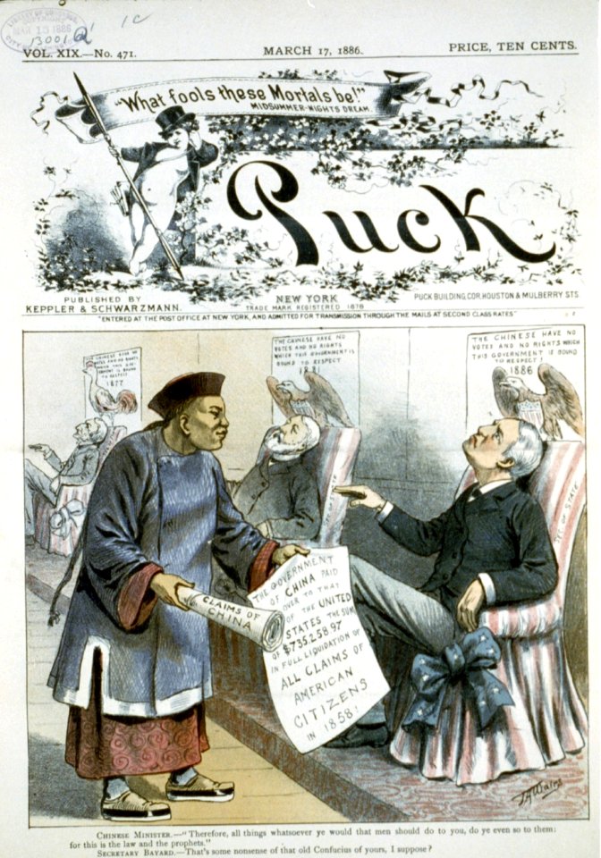 Caricature showing Chinese Minister handing claims of China to Secretary of State Bayard, who is seated under sign which reads the Chinese have no votes and no rights which this LCCN2002720406