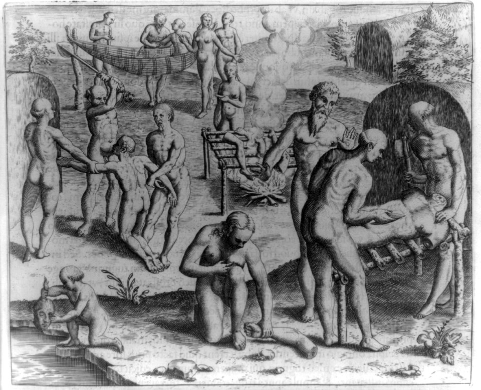 Carius, an Indian from a different tribe, is slaughtered and eaten by the Tuppin Inwa, who are keeping Johannes Staden in Prison, 1554 LCCN2007677254
