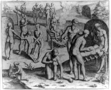 Carius, an Indian from a different tribe, is slaughtered and eaten by the Tuppin Inwa, who are keeping Johannes Staden in Prison, 1554 LCCN2007677254