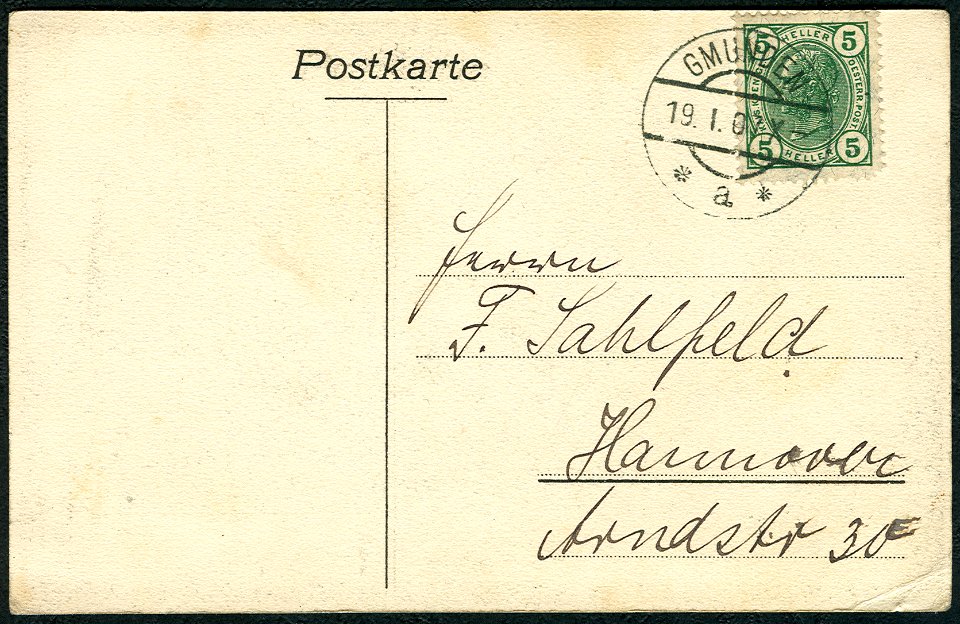 Carl Jagerspacher Gmunden PC 1904 Marie von Sachsen-Altenburg alleine, Adressseite am 19. Januar 1907 an Friedrich Sahlfeld in Hannover, Arndstr. 30 versandt