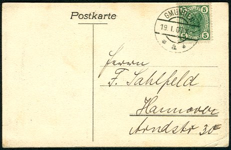 Carl Jagerspacher Gmunden PC 1904 Marie von Sachsen-Altenburg alleine, Adressseite am 19. Januar 1907 an Friedrich Sahlfeld in Hannover, Arndstr. 30 versandt