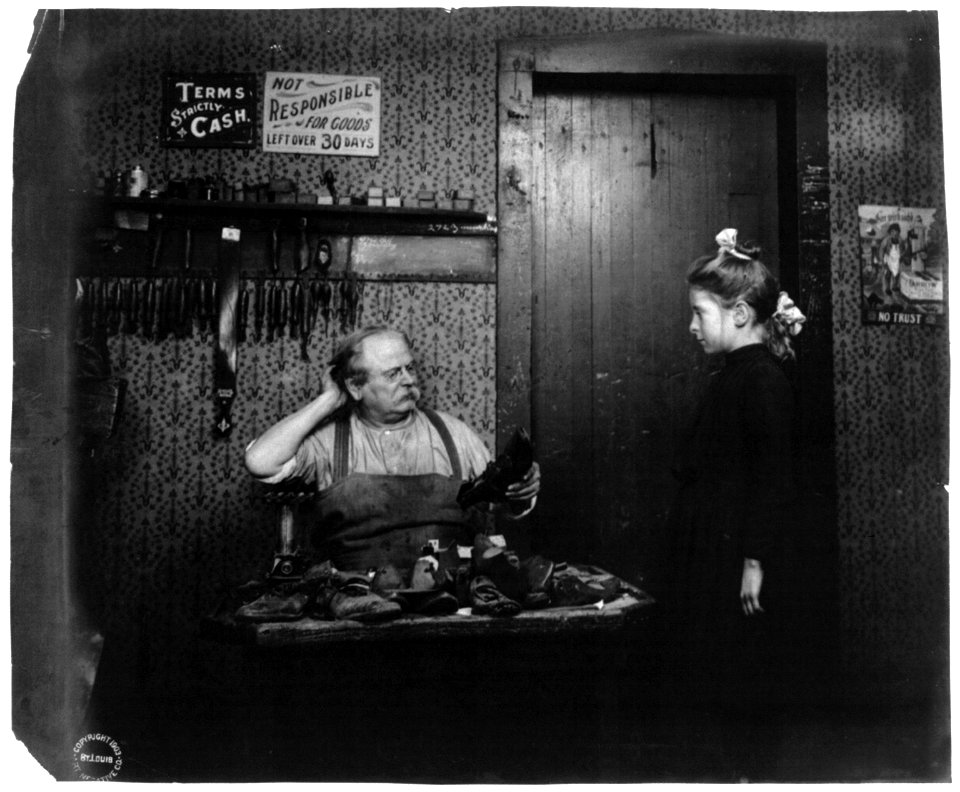Cobbler at work bench and girl LCCN2003675176