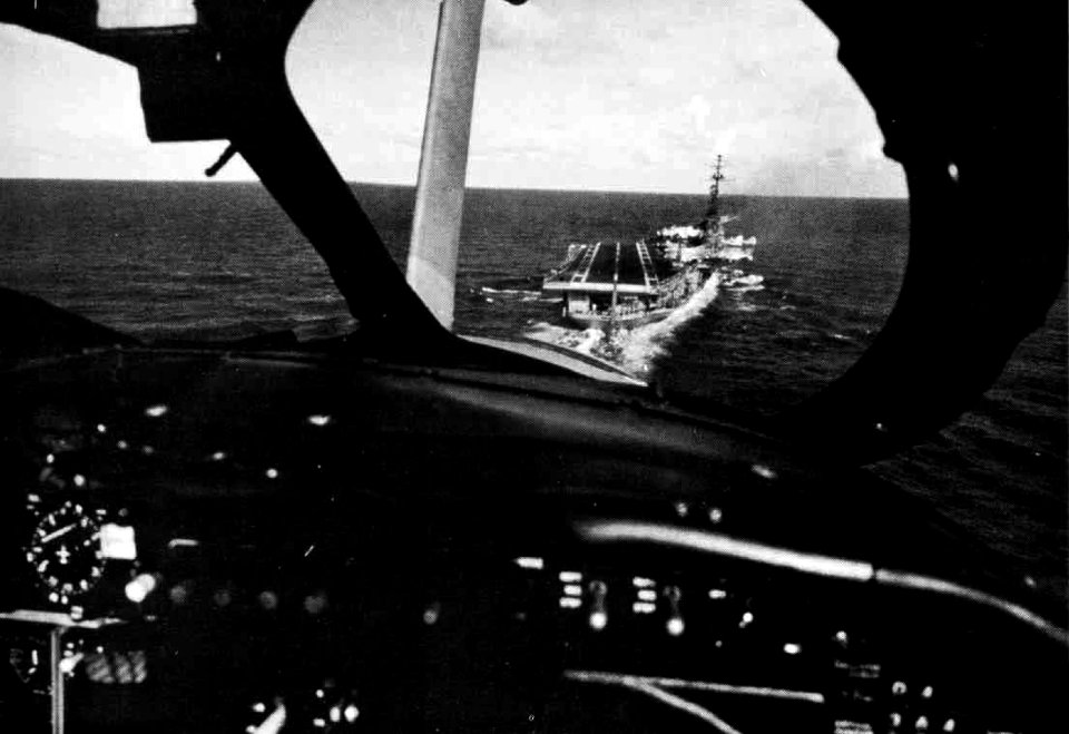 Cockpit view from a Grumman A-6A Intruder approaching USS Franklin D. Roosevelt (CVA-42), in 1970