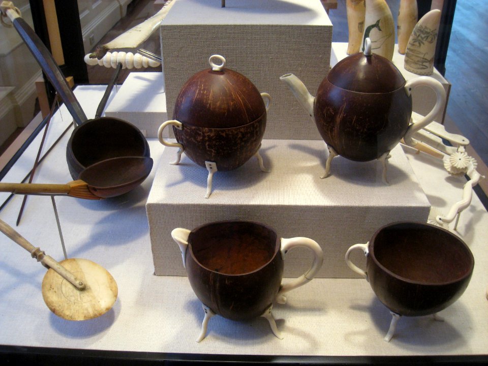 Coconut shell dipper and tea set - Old State House Museum, Boston, MA - IMG 6786