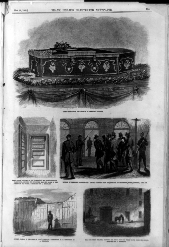 Coffin containing the remains of President Lincoln; Small doors leading to the President's box, Ford's theatre...; Murder of President Lincoln; Mr. Lincoln carried from the theatre to LCCN99613990