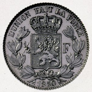 Coin BE 0.50F Leopold I naked head rev 15