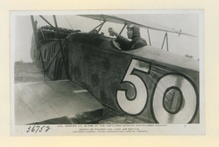 Col Barker, VC, in one of the captured German aeroplanes against which he fought his last air battle (HS85-10-36752) original