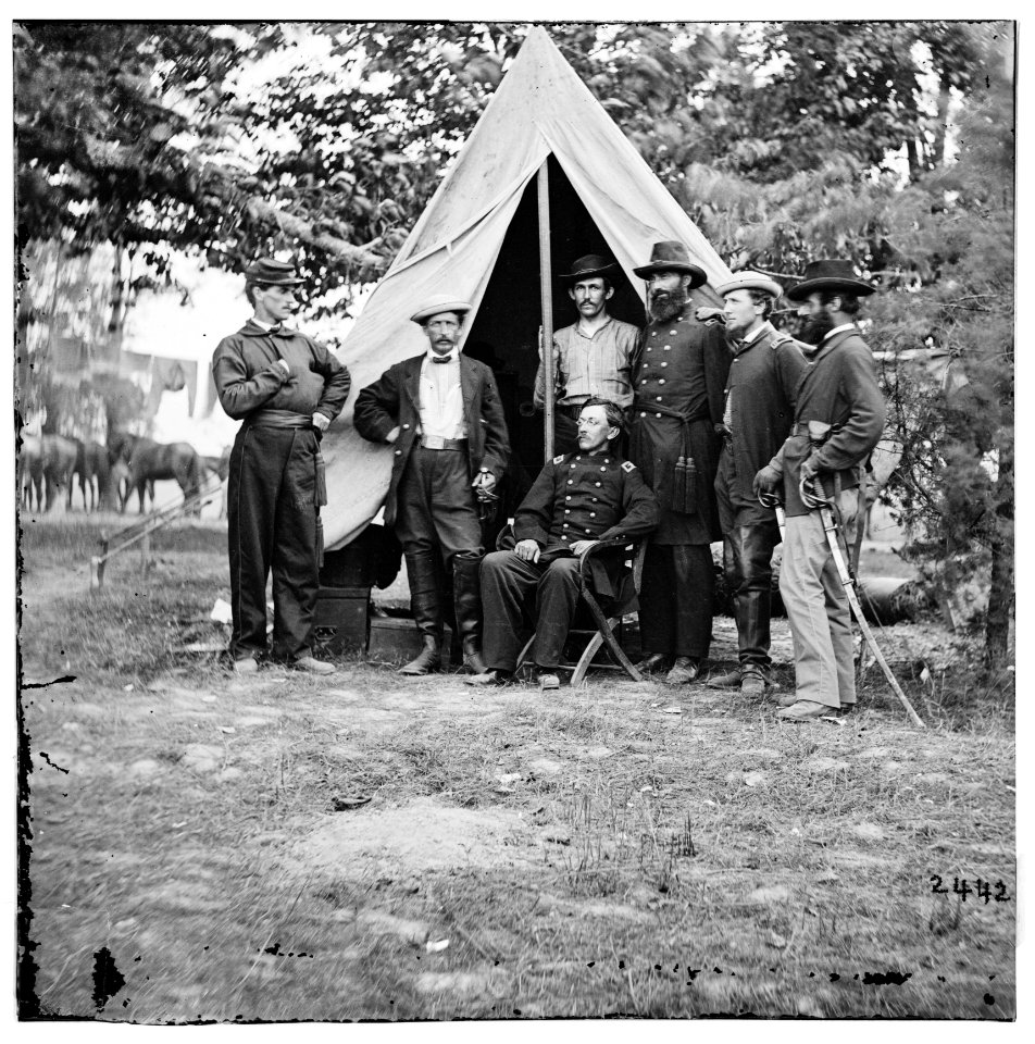 Col. George H. Chapman (3rd Indiana Cavalry) & staff at his headquarters. Army of the Potomac LOC cwpb.01719