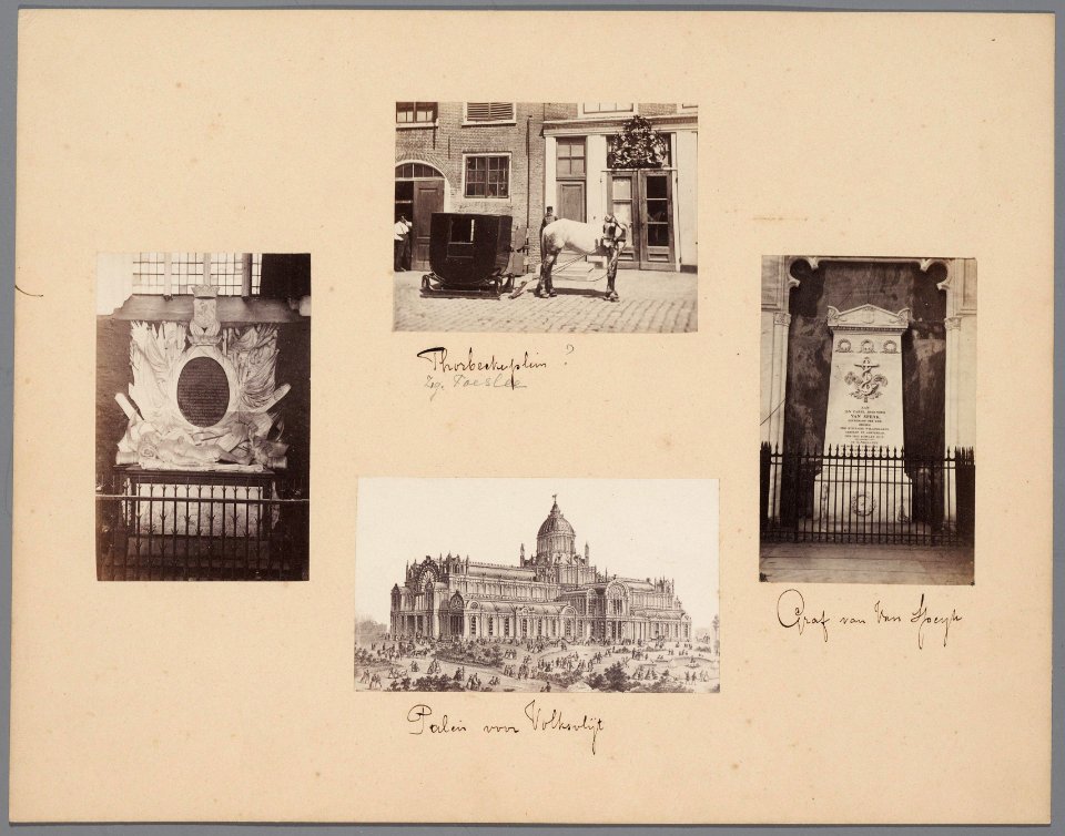 Blad 13 van een losbladig album met halfstereofoto's van stadsgezichten van onder anderen A. Jager, het praalgraf van Jan van Galen in de Nieuwe Kerk