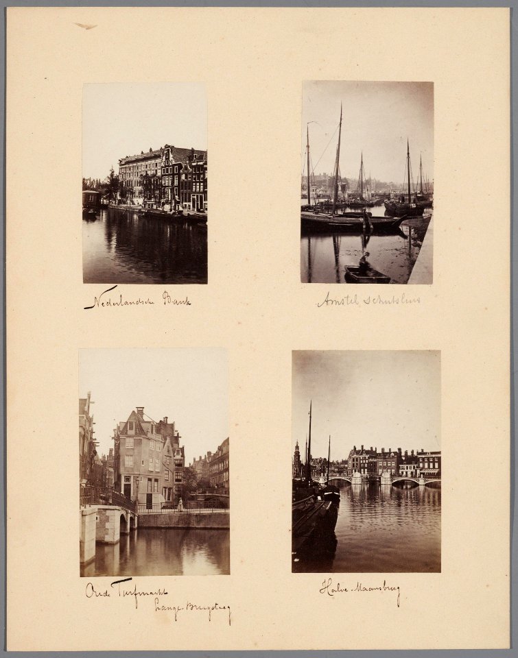 Blad 18 van een losbladig album met halfstereofoto's van stadsgezichten van A. Jager de Nederlandsche Bank op de Oude Turfmarkt