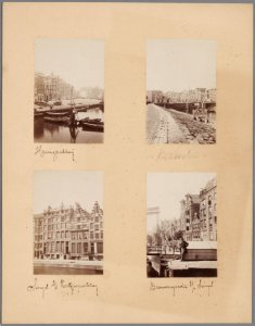 Blad 1 van een losbladig album met halfstereofoto's van stadsgezichten van onder anderen A. Jager Haringpakkerij, Kraansluis, Singel bij de Korsjespoortsteeg en Brouwersgracht bij het Singel