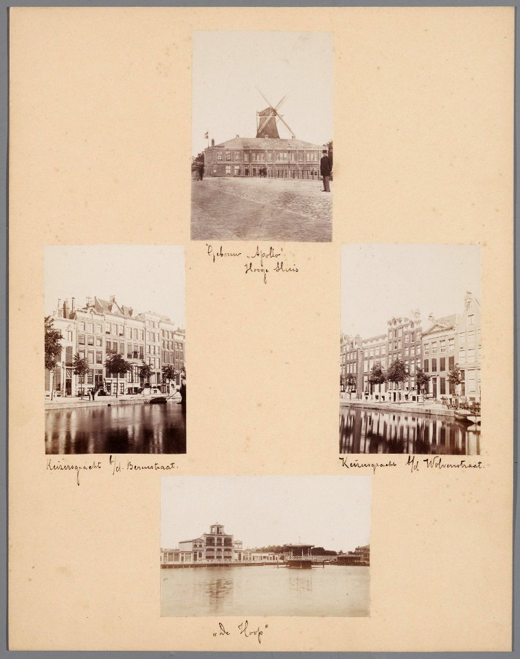 Blad 19 van een losbladig album met halfstereofoto's van stadsgezichten van onder anderen A. Jager gebouw Apollo bij de Hogesluis