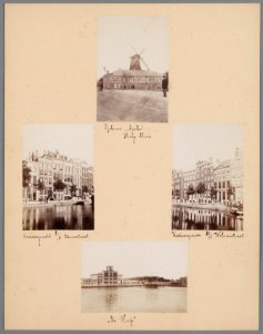Blad 19 van een losbladig album met halfstereofoto's van stadsgezichten van onder anderen A. Jager gebouw Apollo bij de Hogesluis