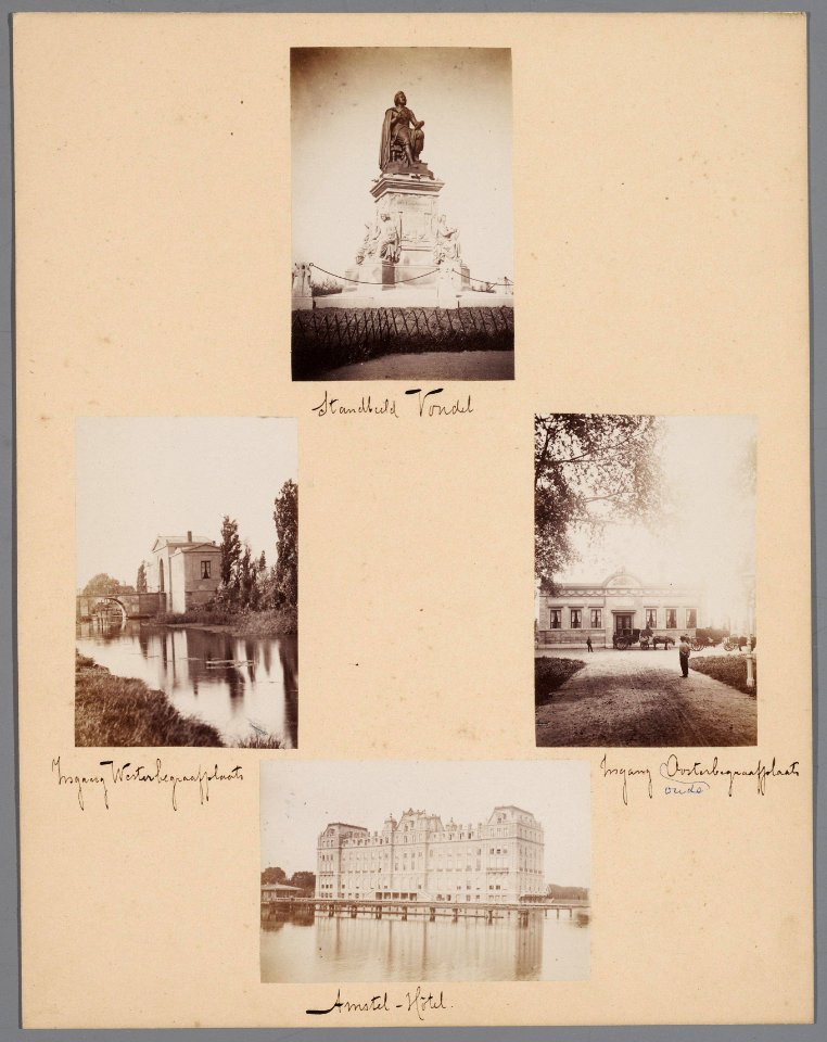 Blad 10 van een losbladig album met halfstereofoto's van stadsgezichten van onder anderen A. Jager het standbeeld van Vondel