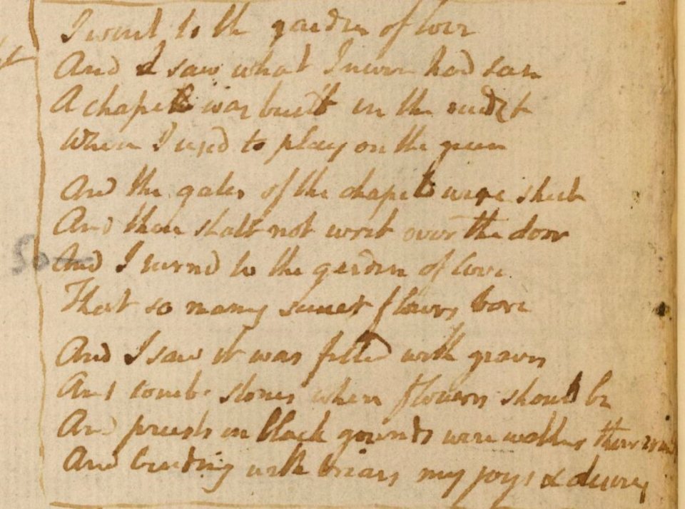 Blake manuscript - I went to the garden of love