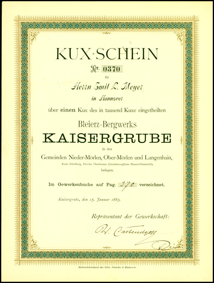 Bleierz-Bergwerk Kaisergrube 1885