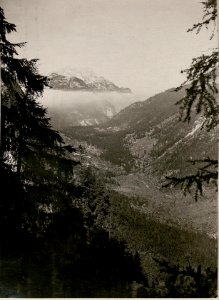 Blick vom Art.-Beobachter auf die deutsche Kanzel in's Seebachtal, feindl.Stellungen, Nervasattel, Hintergrund Mt.Poviz.(15-7.1917.) (BildID 15800716)