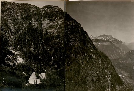 Blick von der deutschen Kanzel Art.-Beobachter auf itl.Kanzel (Nordabhang) bis in's Seebachtal. Unzen feindl. Stellung und Neveasattel, im Hintergrund Mt.Poviz sichtbar. (15-7.1917.) (BildID 15800730)