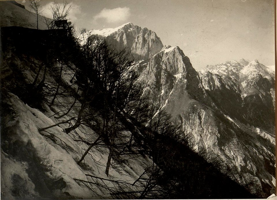 Blick von der Seilbahnstation am Rombon gegen Norden nach Ober-, Mittel und Unterbrett, im Hintergrunde der Mangart. (BildID 15470342)
