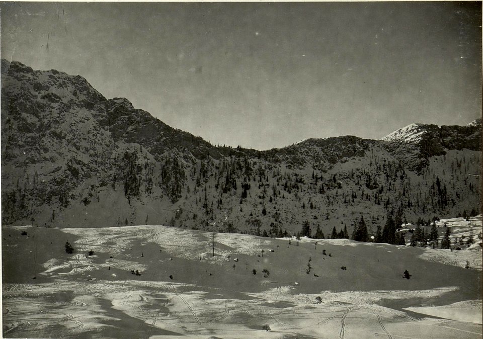 Blick von der Nassfeldstraße auf den Montasch, Malurch, Prihatsattel und Rosskofl. Standpunkt, Südlich des Nassfeldsattels bei den Drahtverhauen., Fortsetzung von Bild Album 32- 8820a (BildID 15467556)