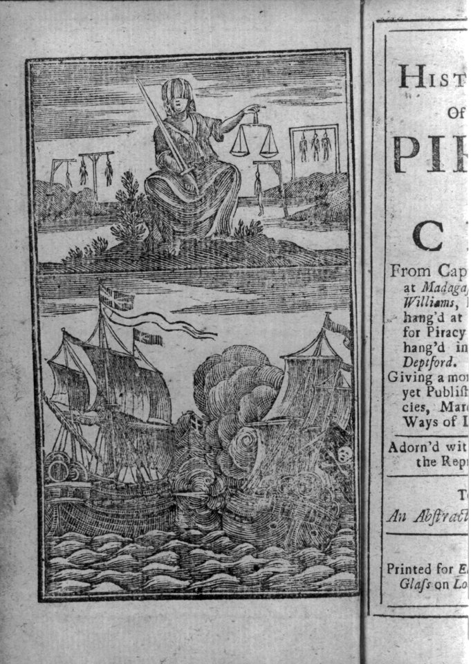 Blind Justice holding sword and scales; 7 men on gallows in bg; Brit. warship and pirate ship in close combat below (frontispiece) LCCN2007675647