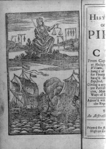 Blind Justice holding sword and scales; 7 men on gallows in bg; Brit. warship and pirate ship in close combat below (frontispiece) LCCN2007675647