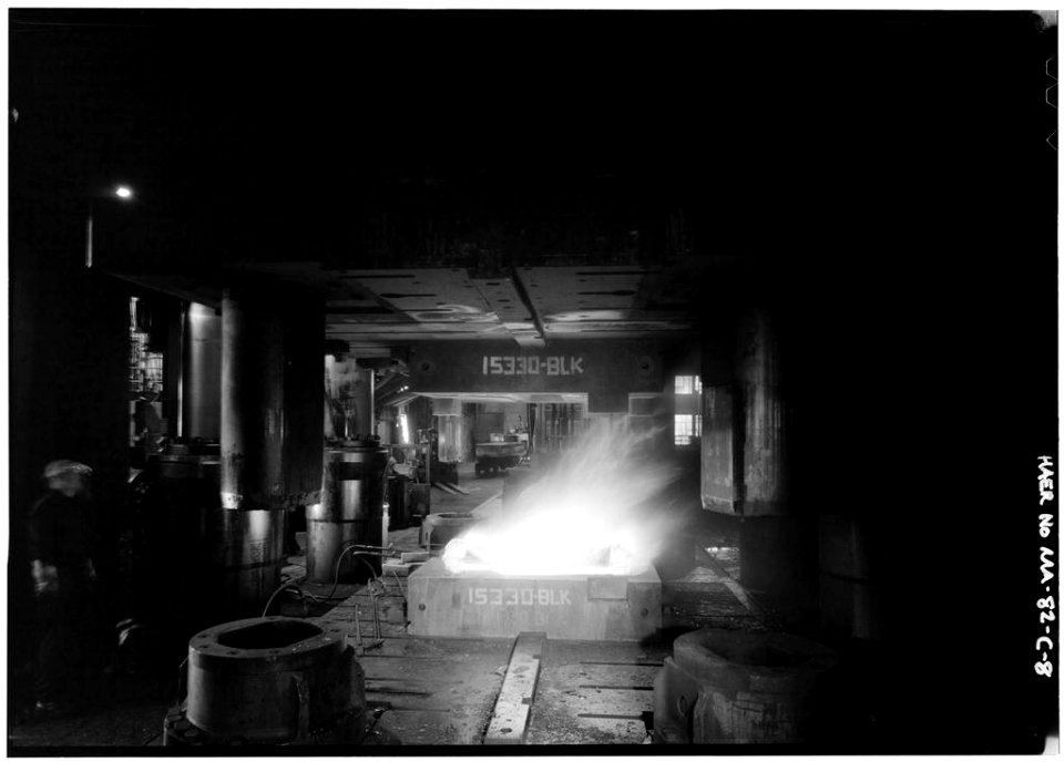 Blocking' of die on east side of press - Wyman-Gordon Company, Grafton Plant, 50000 Ton Press