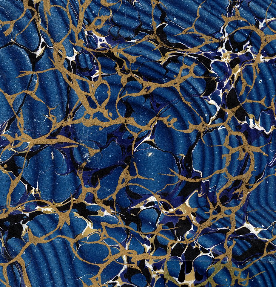 Blue and golden paper marbling, book back cover, Germany, around 1880 (cropped)