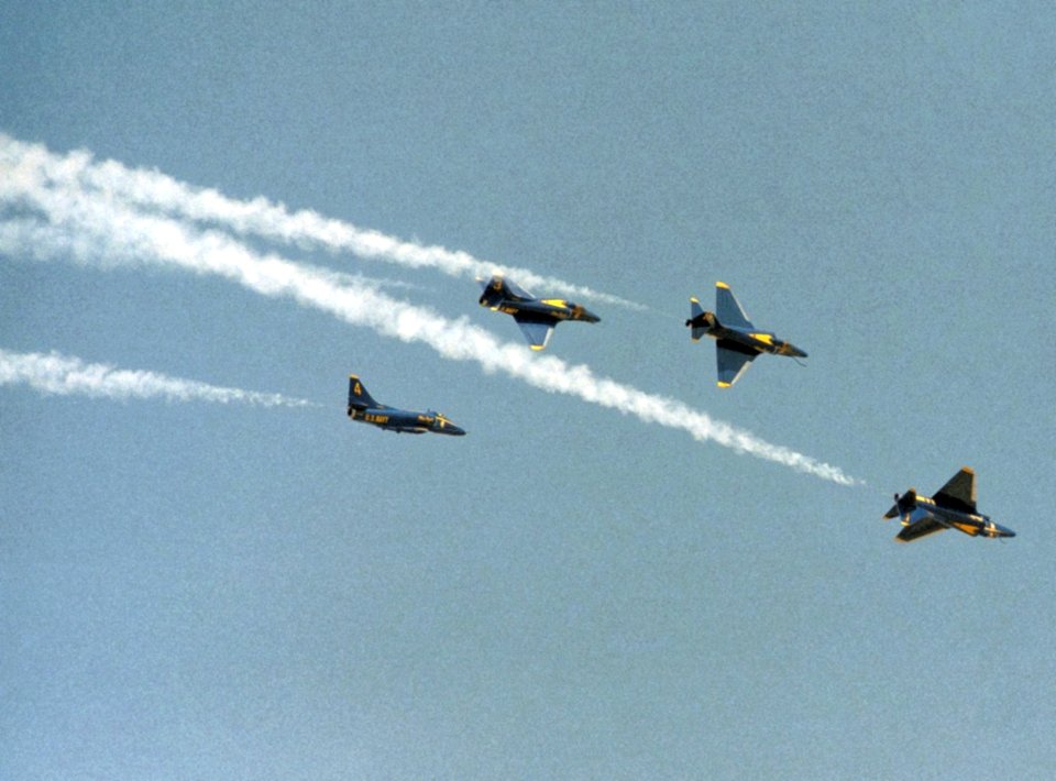Blue Angel A-4Fs tuck-under break at Moffett Field 1985