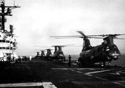 Boeing-Vertol CH-46 Sea Knights of HMM-264 aboard USS Iwo Jima (LPH-2), in 1975