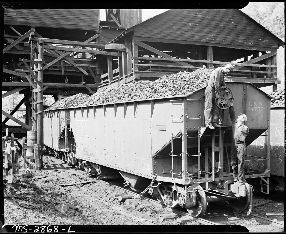 Carload of coal at the tipple. P V & K Coal Company, Clover Gap Mine, Lejunior, Harlan County, Kentucky. - NARA - 541395