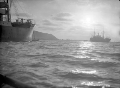 Carmel and Haifa. Carmel at sunset. Silhouette of modern steamers LOC matpc.15380
