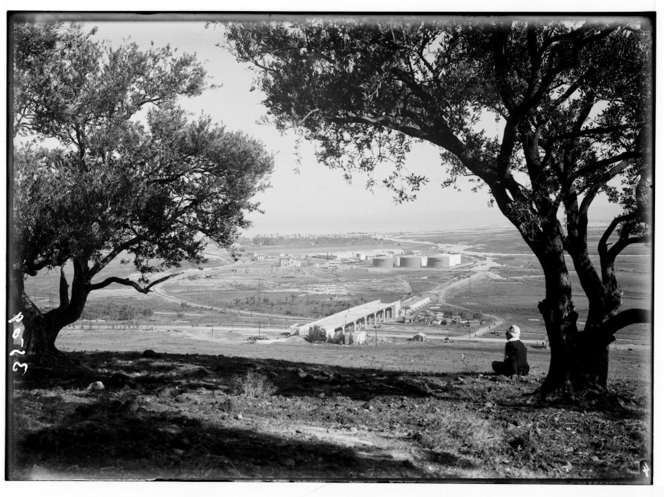 Carmel and Haifa. Haifa. Petrol tanks showing concrete viaduct across R.R. (i.e., railroad) LOC matpc.02817