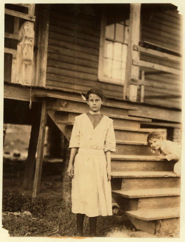 Carrie Armstrong a weaver in Highland Park mill -2 Rock Hill, S.C. A frail, stunted girl said 13 years old used to run 4 looms now runs only 2. Been working since January. Father is in the LOC nclc.02540