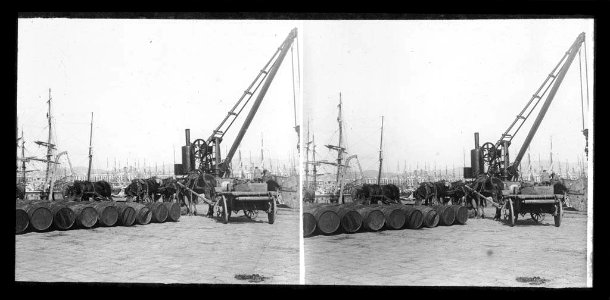 Carro tirat per cavalls , grua i barrils al port de Barcelona