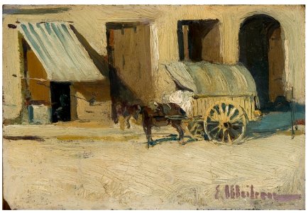 Carro y pueblo. Óleo sobre tabla. Eliseo Meifrén y Roig.