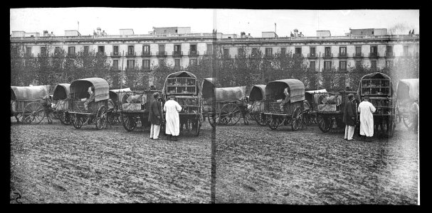 Carros amb gàbies de conills i gent darrere el carrer Pujades