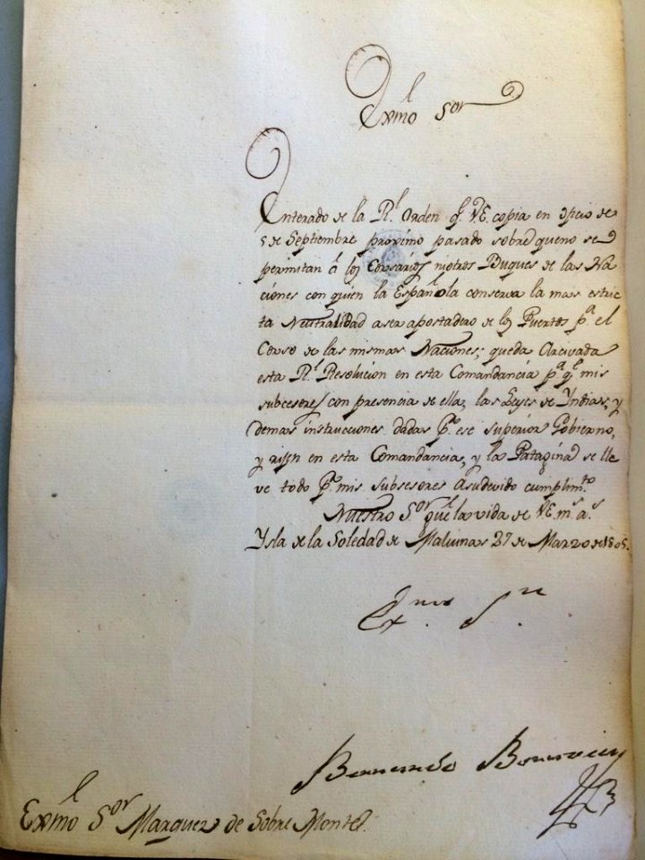 Carta del Comandante español de Malvinas - 1805