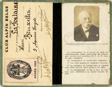 Carte de membre d'Henri La Fontaine du Club alpin belge