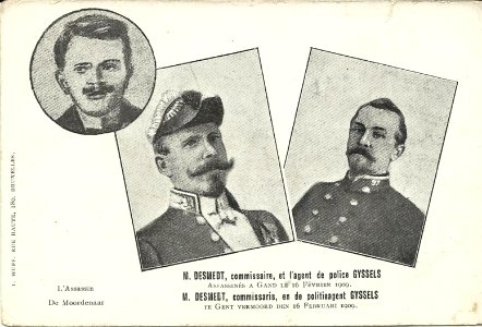 Carte de souvenir du commissaire Florent DE SMET et de l'agent Jozef GYSSELS tués en 1909 - Version dessinée
