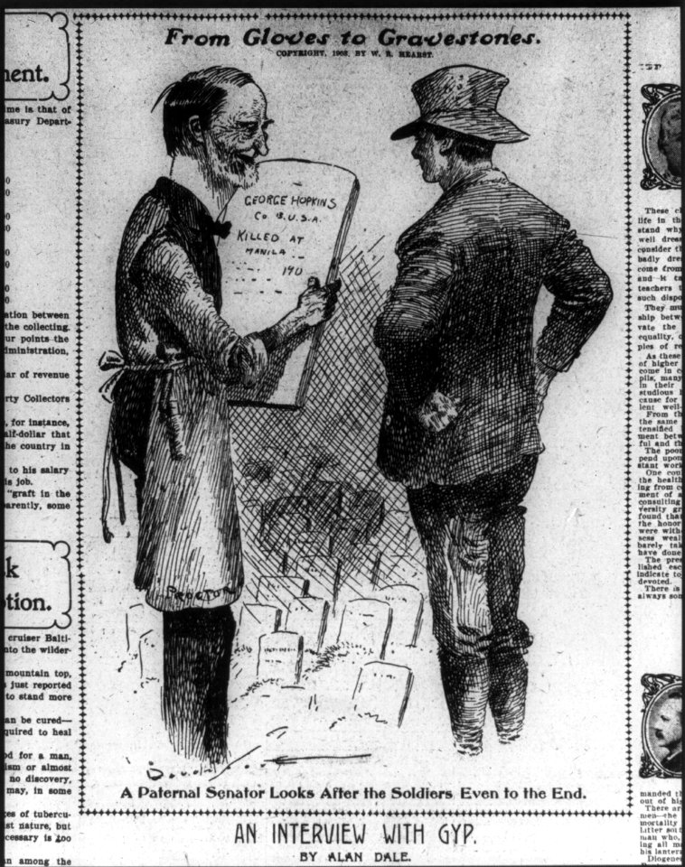 Cartoon satire of Sen. Proctor providing tombstones for war dead (his son was Pres. of Vermont Marble Co.)- From gloves to gravestones; a paternal Senator looks after the soldiers even to LCCN2007677070