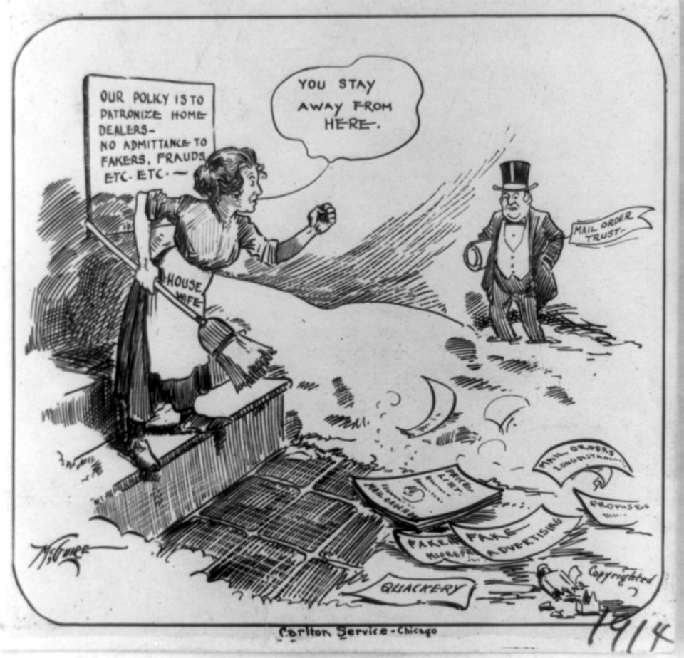 Cartoon showing housewife with broom saying, you stay away from here to man labeled mail order trust) - McGuire LCCN89713942