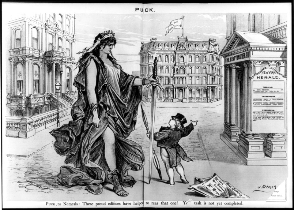 Cartoon showing Puck pointing at New York Herald and Staatszeitung newspaper buildings and saying to large female figure Nemesis- These proud edifices have helped to rear that one! LCCN2005683598