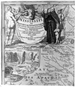 Cartouche showing a French missionary, a trapper, and a naked Native around a large skin with text, above a view of Niagara Falls around which are many beaver LCCN2004673414